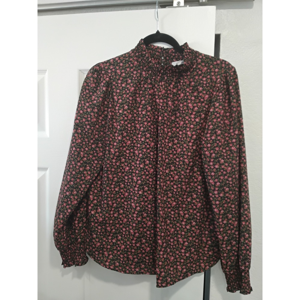 Pleione Women Black Pink Floral Smocked‎ Mock Neck Long Sleeve Blouse Large